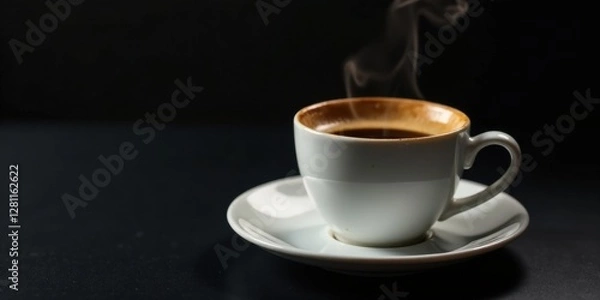 Obraz Aromatic Dark Roast Coffee in a White Cup on a Saucer, Steam Rising, Dark Background