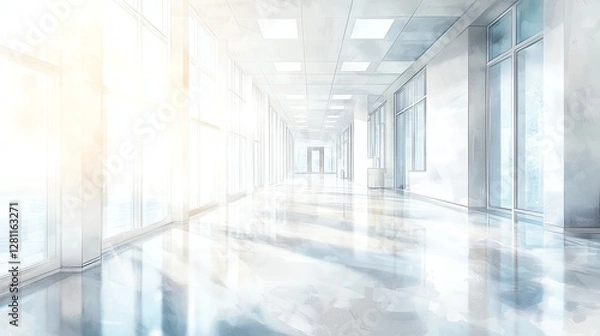 Fototapeta Abstract minimalist hospital interior with blurred elements, soft colors, and open spaces. Watercolor-style design with light tones, ideal for medical backgrounds.