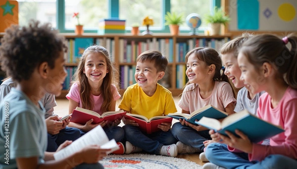 Fototapeta A lively image of a group of children sitting together in a classroom, enthusiastically reading books and sharing stories. This photo celebrates the joy of collective learning