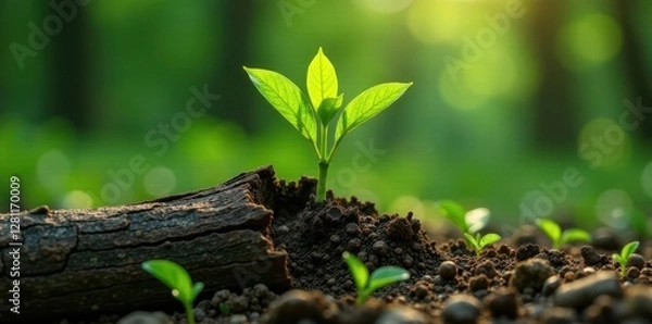 Obraz New sapling sprouts from decaying log, vibrant green against brown wood , new life, regeneration