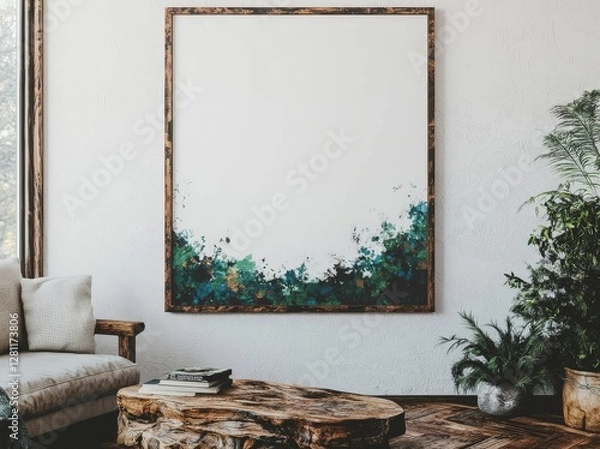 Fototapeta A single square roll-up poster mockup featuring a light wood border is suspended on a white wall within an empty room, accompanied by an isolated roll-up poster mockup template set against a white