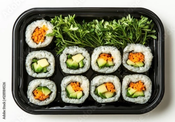 Fototapeta Fresh and Colorful Sushi Rolls with Cucumber and Carrot Garnished with Microgreens in Black Takeout Container