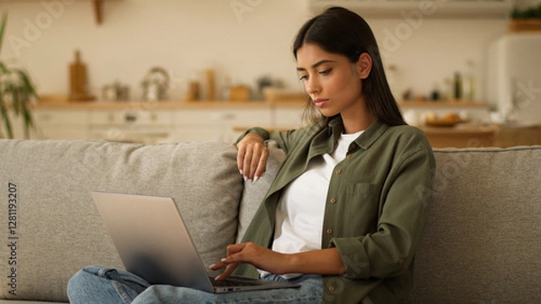 Fototapeta Serious concentrated Indian woman Arabian girl female working studying online at home typing laptop computer pensive looking away thinking ponder author write with pc think idea inspiration solution