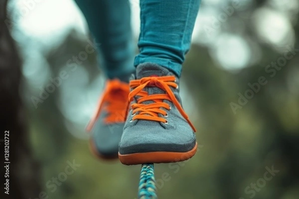 Fototapeta Close-up View of Athletic Shoes on a Tightrope with Colorful Laces and a Blurred Background