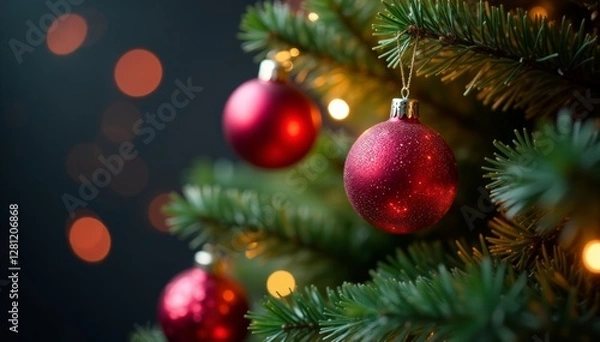 Fototapeta Sparkling ornaments adorn the branches of a beautifully decorated Christmas tree, light, ornaments