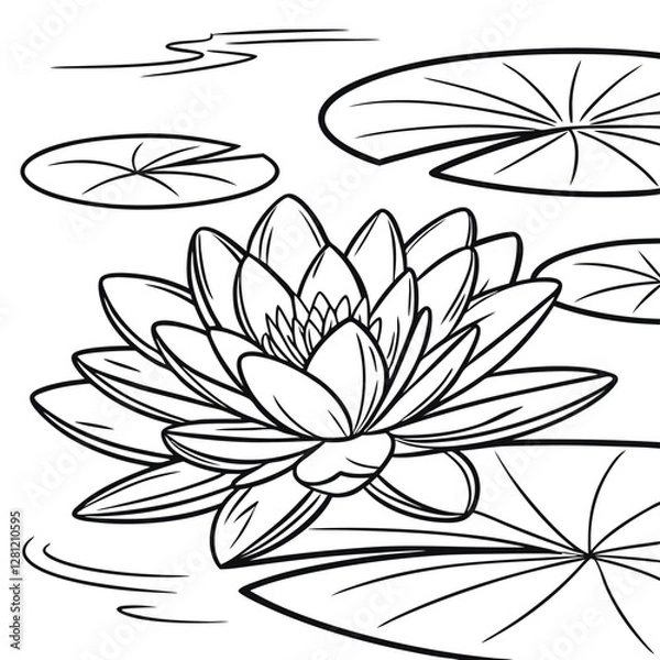 Obraz Lotus Flower Coloring Page: Detailed Line Art of Water Lily, Lily Pads, & Pond Scene - Printable Floral Illustration for Relaxation