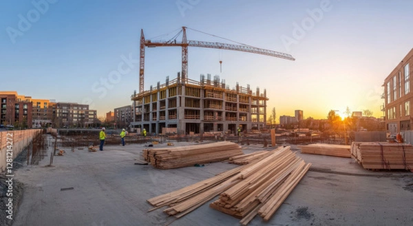 Fototapeta Workers are engaged in construction of a multi-story building as the sun sets, with lumber neatly stacked nearby
