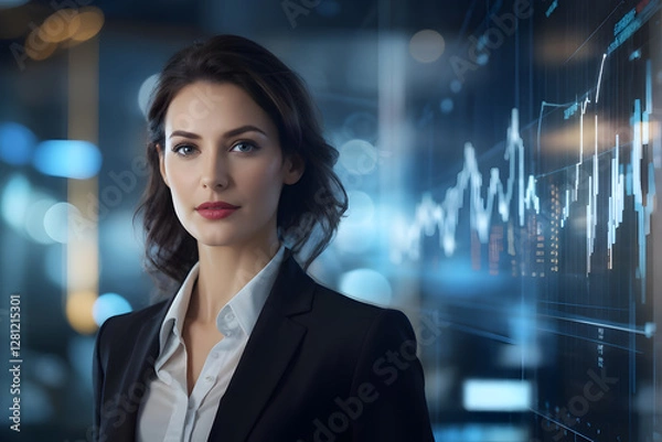Fototapeta A woman in a business suit stands in front of a computer screen with graphs