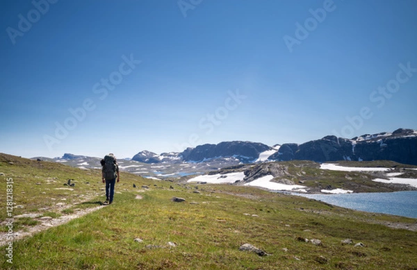 Fototapeta Man with a backpack hiking in a nordic moutain area