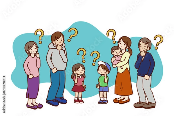 Obraz 質問があって悩んでいる3世帯家族