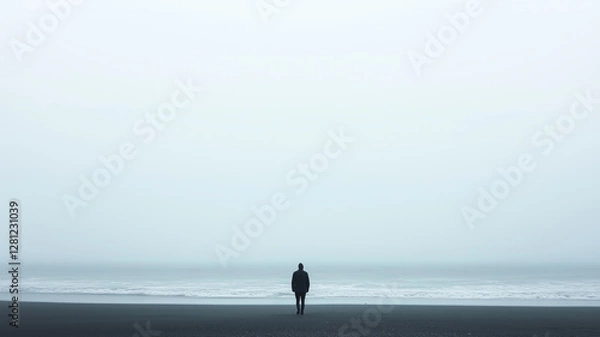 Fototapeta solitary figure stands on vast, misty beach, gazing at endless ocean under cloudy sky, evoking sense of solitude and introspection