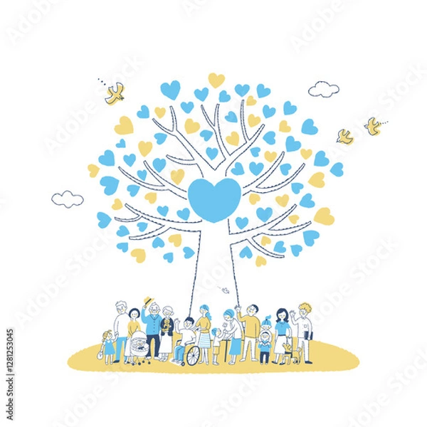 Fototapeta 大きなハートの木と人々