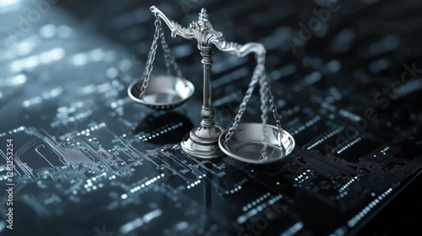 Fototapeta silver balance scale stands on digital circuit board, symbolizing intersection of technology and justice, highlighting ethical considerations in artificial intelligence