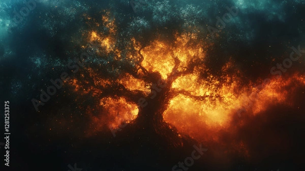 Obraz A dramatic tree silhouette emerges from flames, surrounded by a mystical atmosphere, evoking themes of transformation and nature's power