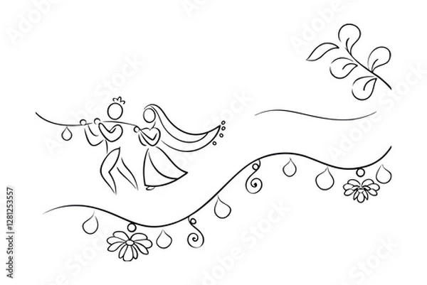 Fototapeta Indian Wedding Invitation Design Couple, Flute, Garland, Floral, Minimalist