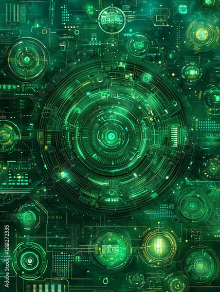 Fototapeta Futuristic digital interface with glowing green circular HUD elements, high-tech data panels, and cyber technology aesthetics