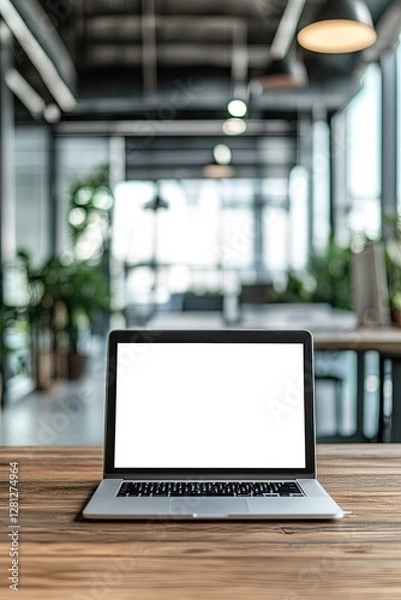 Fototapeta Office. Laptop with blank white screen on wooden tabletop against blurred office background.