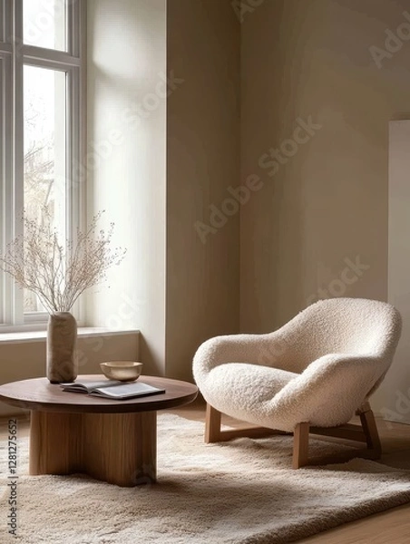 Fototapeta A fluffy white chair and a round table are in a room