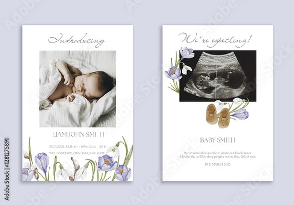 Obraz Pregnancy Announcement and Baby Introducing Cards Set with Floral Watercolor Illustrations and Photo Placeholder