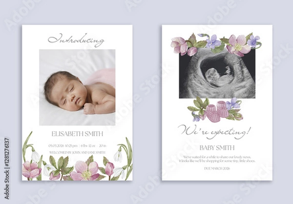 Obraz Pregnancy Announcement and Baby Introducing Cards Set with Spring Watercolor Illustrations and Photo Placeholder