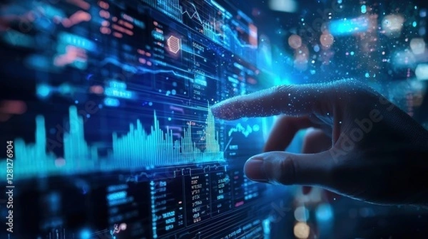 Fototapeta Hand touching a digital interface with stock charts, representing data analysis and technological progress. Ideal for finance, analytics, and technology firms.