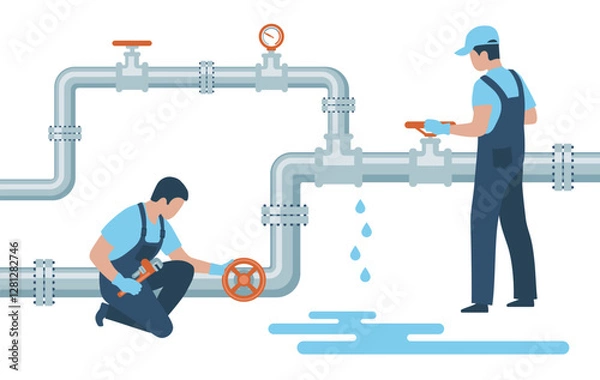 Fototapeta Plumbers shut off valves and repair a leaking water pipe. Concept of professional occupation