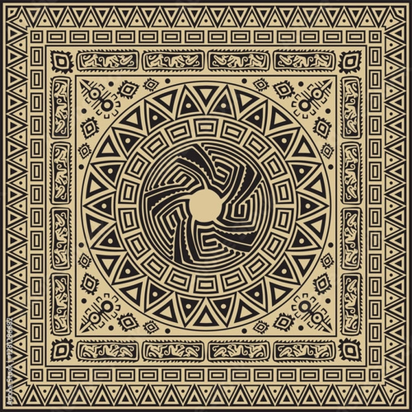 Fototapeta Vector black and gold native american folk ornament. Square pattern, scarf of the peoples of America, Aztec, Incas, Maya