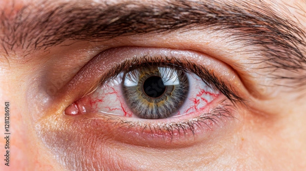 Fototapeta Close-up of a human eye showing intricate details, including a colorful iris and visible blood vessels along the sclera.