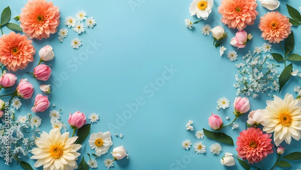 Fototapeta A blue background with a large flower arrangement in the center