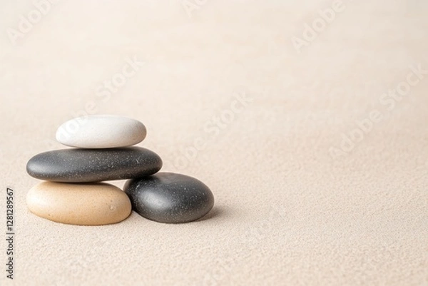 Fototapeta serene arrangement of smooth decorative stones on textured sandy surface subtly basking in soft natural light