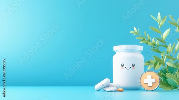 Fototapeta cute medical theme with smiling pill bottle, capsules, and leaves on blue background, conveying sense of health and wellness