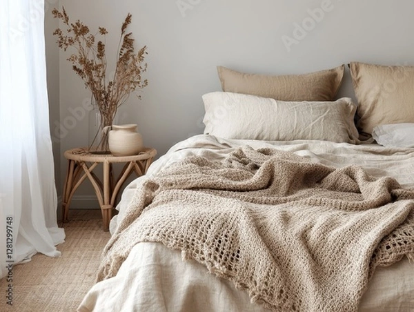 Fototapeta A cozy bedroom scene featuring decorative bed linens and bedside table