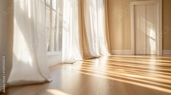 Fototapeta Natural Light Floods a Minimalist Room With Elegant Curtains and Wooden Flooring, Creating a Serene Atmosphere Perfect for Relaxation or Creative Inspiration