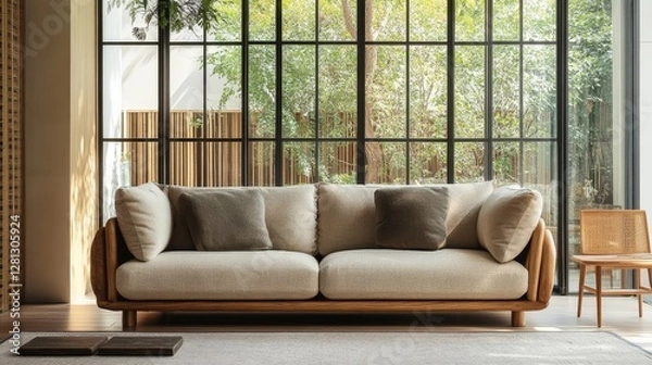 Fototapeta Cozy Modern Living Room With Large Windows Overlooking a Lush Garden in the Evening Light
