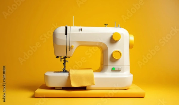 Obraz Vibrant Yellow Sewing Machine on Solid Background with Fabric Ready for Crafting Projects
