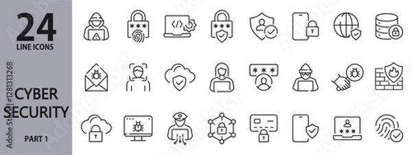 Fototapeta Cybersecurity line icons set with Internet, AI, Hacking, Firewall, Data, Protection, Identity, Internet, Cyber, Attack, Encryption and more. Editable Stroke