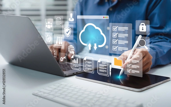 Fototapeta Businessman using a computer to Cloud service to document management and digital files storage and transfer. doc sharing and file access, backup and sync data, online documentation database technology