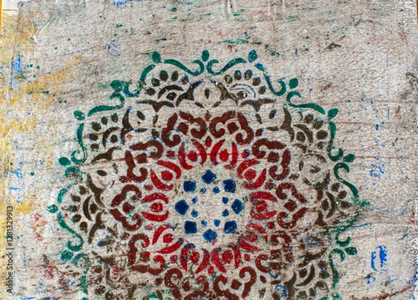 Obraz Painted Stencil Pattern in Green Brown and Red Background