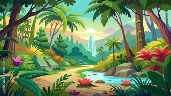 Fototapeta A lush tropical rainforest wallpaper featuring vibrant green foliage and  jungle canopies.