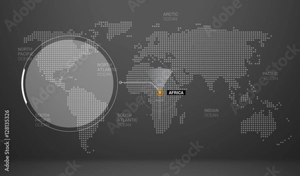 Fototapeta world map with dots continents names markers and state table africa