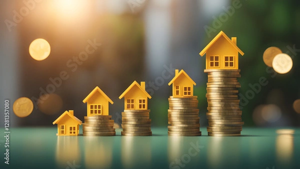 Fototapeta A stack of houses and coins on a table