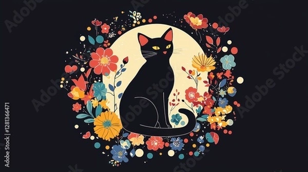 Fototapeta A black cat sits elegantly amidst vibrant flowers and a circular moon backdrop, blending nature and whimsy in a colorful design.