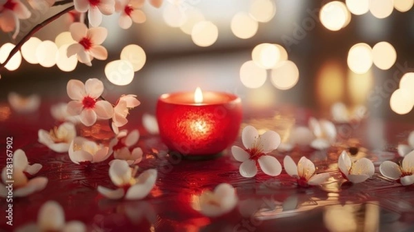 Fototapeta A serene candle surrounded by delicate flowers and soft bokeh lights, creating a tranquil and romantic atmosphere.