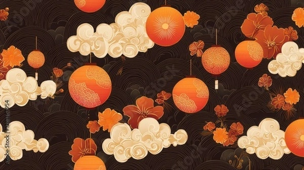 Fototapeta A vibrant pattern featuring orange lanterns and clouds against a dark background, evoking a festive and cheerful atmosphere.