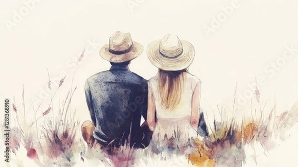 Fototapeta A romantic couple sits together in nature, wearing straw hats, surrounded by soft colors and a serene atmosphere.