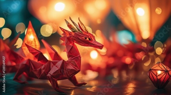 Fototapeta A vibrant, illuminated origami dragon with intricate details, surrounded by glowing lanterns and soft bokeh, creating a magical atmosphere.