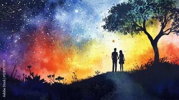 Fototapeta A watercolor illustration of a couple standing hand in hand under a starry sky, with vibrant colors blending into a dreamy sunset backdrop.
