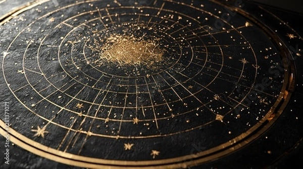 Fototapeta A celestial map featuring intricate golden patterns on a dark background, depicting stars and cosmic elements.