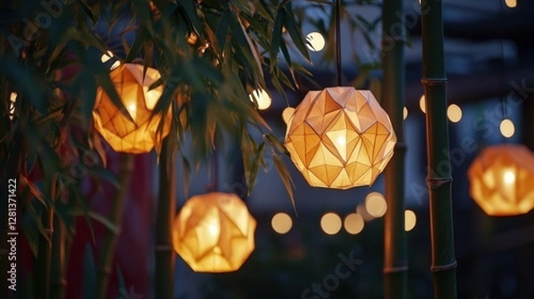 Fototapeta Warm, glowing lanterns hang among greenery, creating a cozy, enchanting atmosphere in a twilight setting.