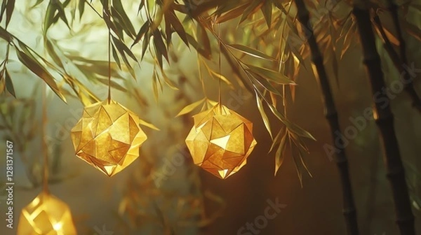 Fototapeta A serene scene showcasing golden geometric lanterns hanging among bamboo, creating a tranquil and atmospheric ambiance.